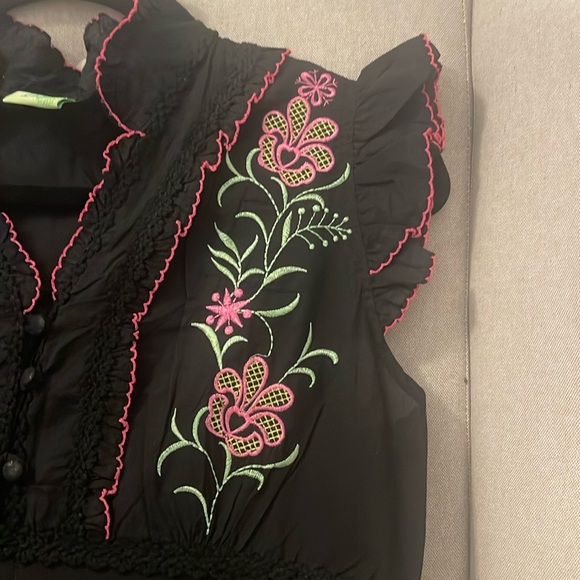 Black Embroidered Sleveless Ruffled V Neck Mini Dress/Tunic Top wt Belt XS-S - Picture 4 of 10